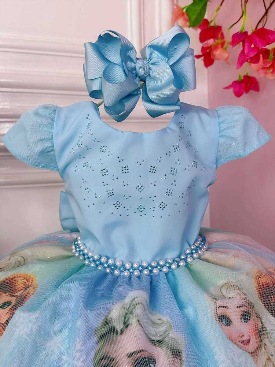 Vestido Infantil Frozen Elsa e Anna Azul Princesas Pérolas