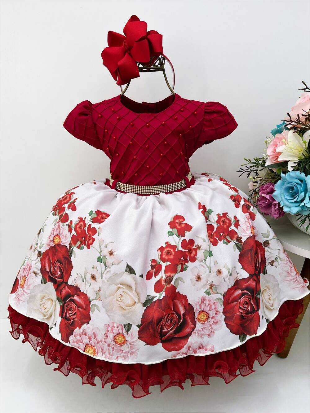 Vestido Infantil Vermelho Peito C/ Nervura Pérola Florido