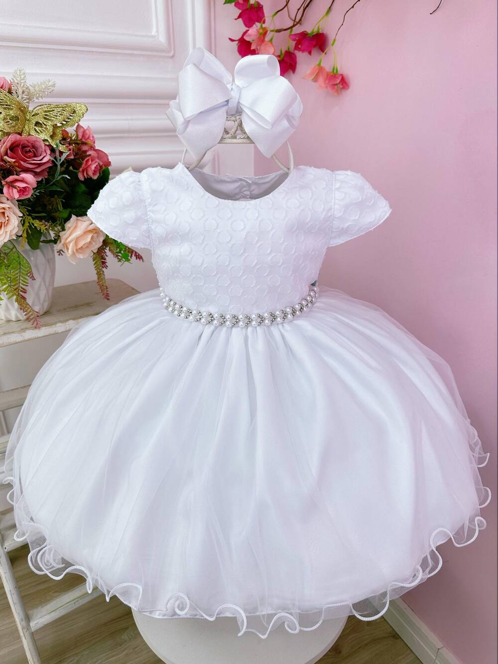 Vestido Bebê Branco Busto C/ Poá e Pérolas Batizados Festa