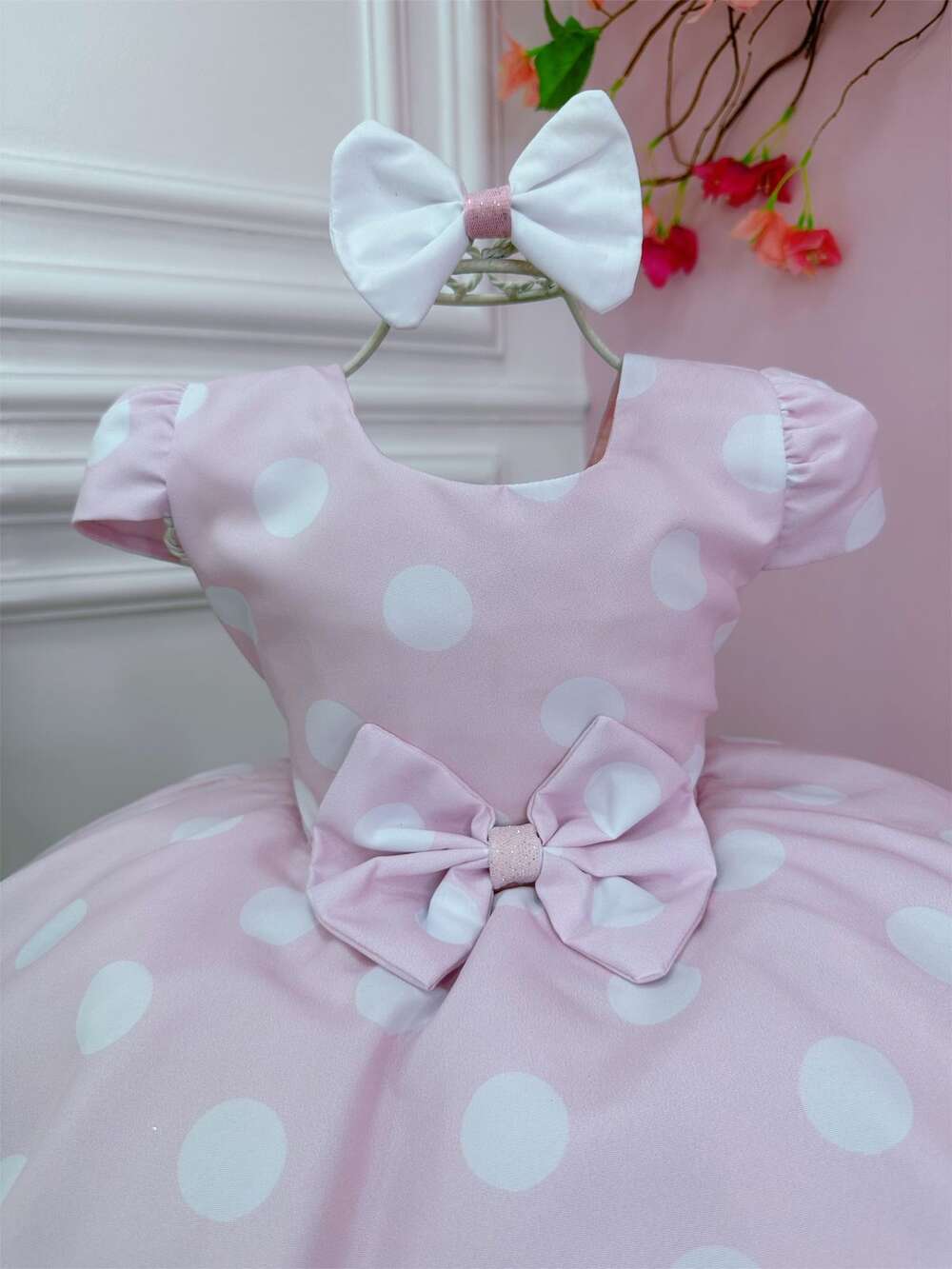 Vestido Infantil Rosa C/ Bolinhas Brancas Minnie e Laço