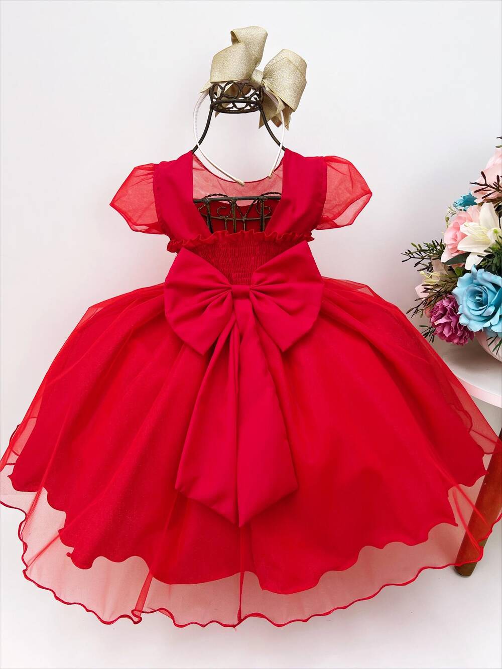 Vestido Infantil Vermelho Apliques Douradas e Flores Luxo