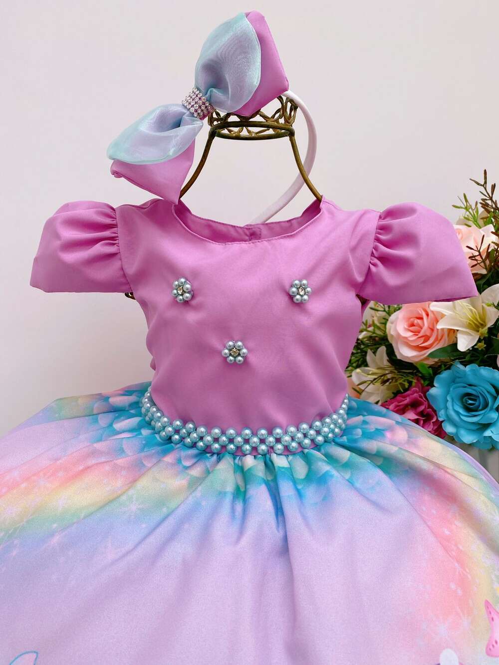 Vestido Infantil Sereia Lilás Cinto Pérolas C/ Tiara