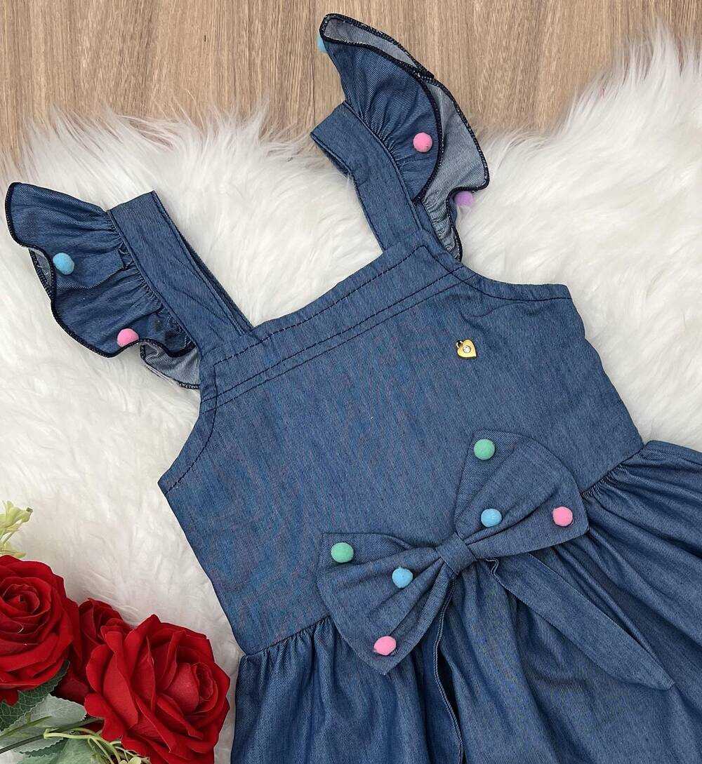 Vestido Infantil Jeans Broche Bolinhas Coloridas Laço Broche