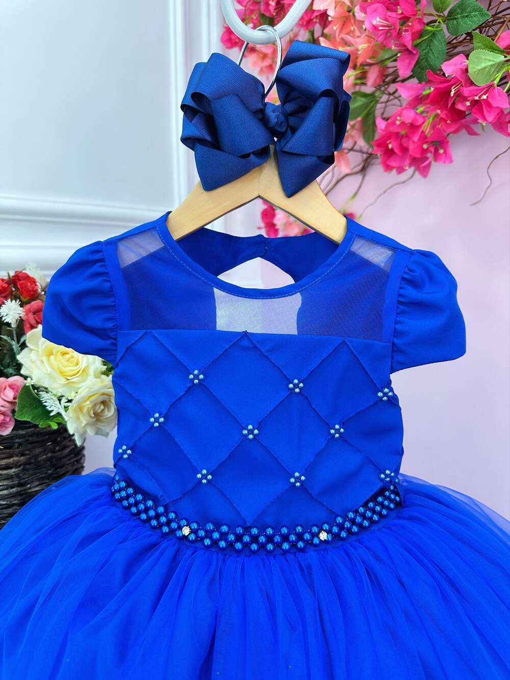 Vestido Infantil Azul Royal C/ Busto Nervura e Pérolas Damas