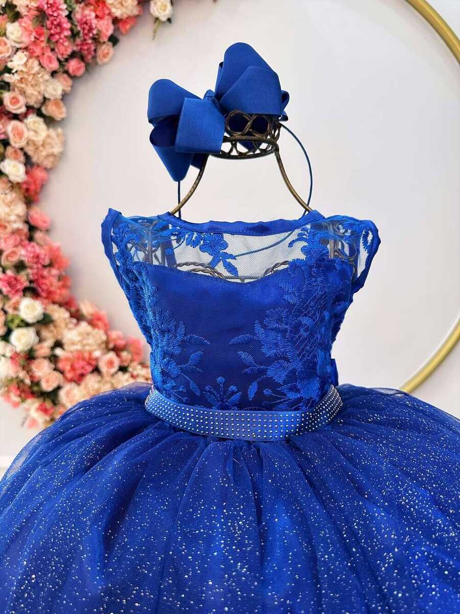 Vestido Infantil Azul Royal Renda Realeza Tule C/ Glitter