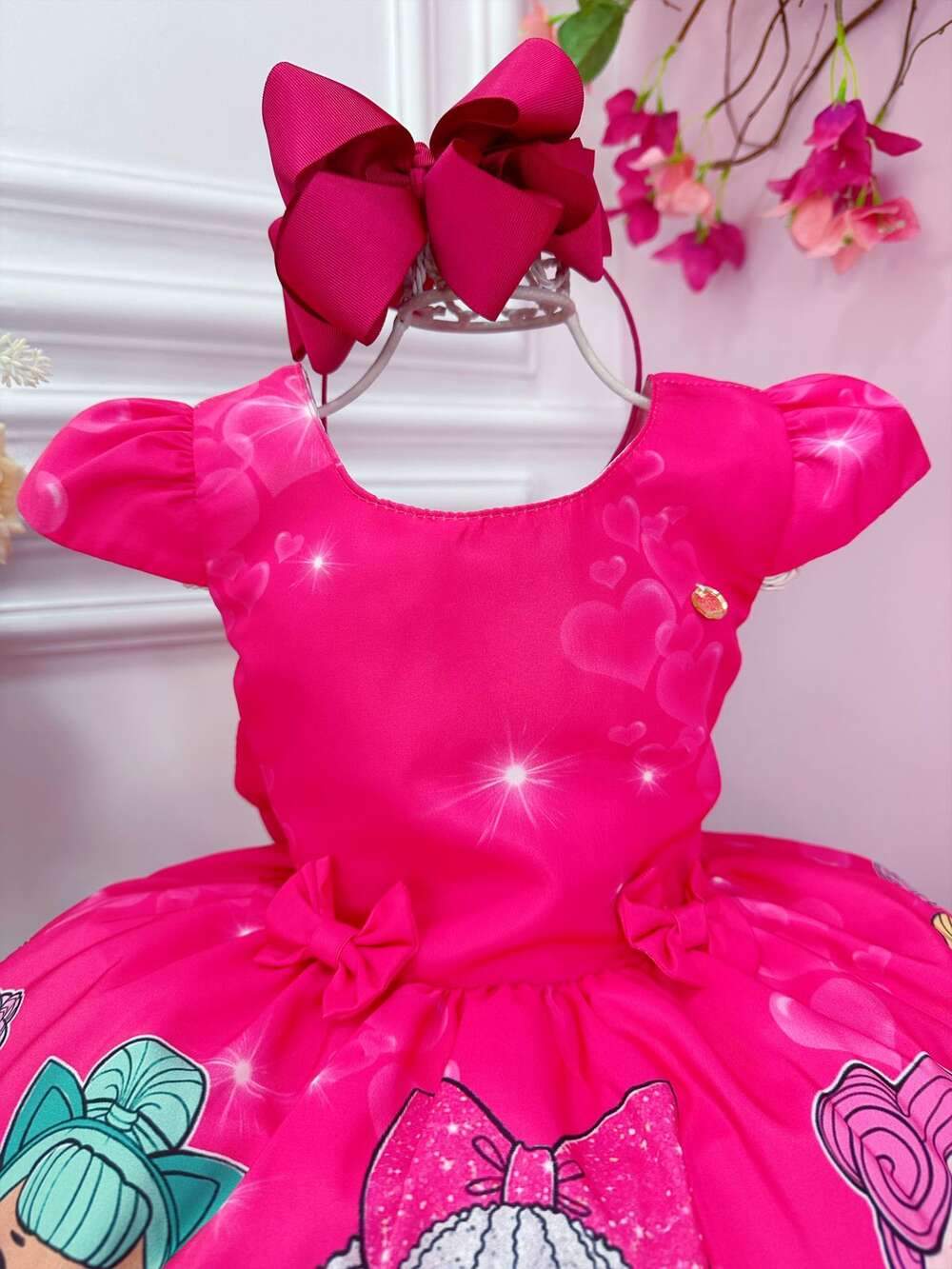 Vestido Infantil Pink Lol Florido C/ Broches de Laçinhos