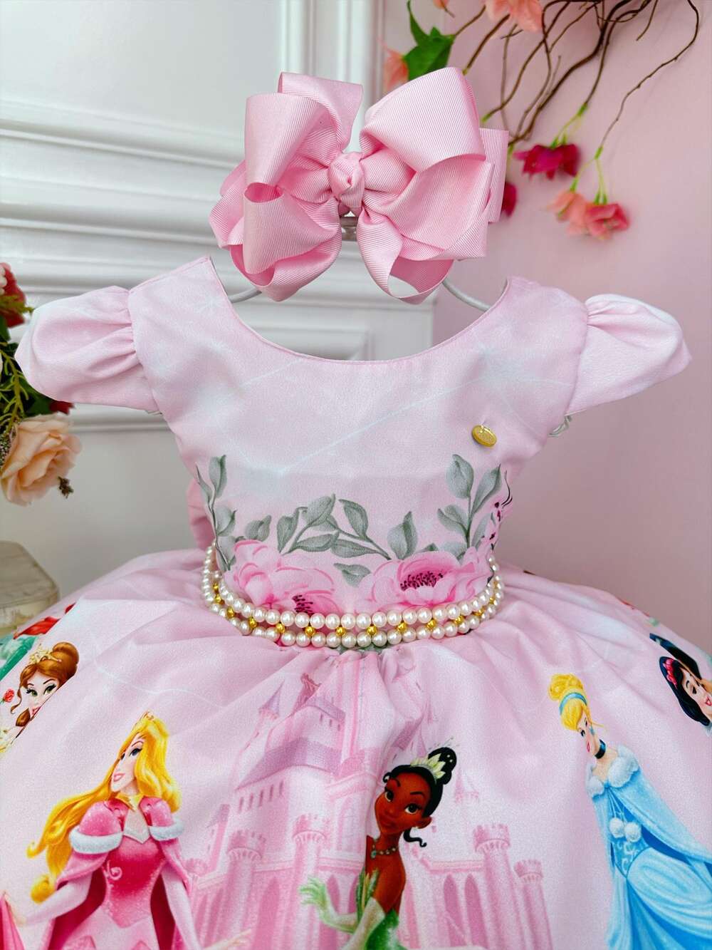 Vestido Infantil Rosa Pérolas Princesas Floral Castelo Luxo