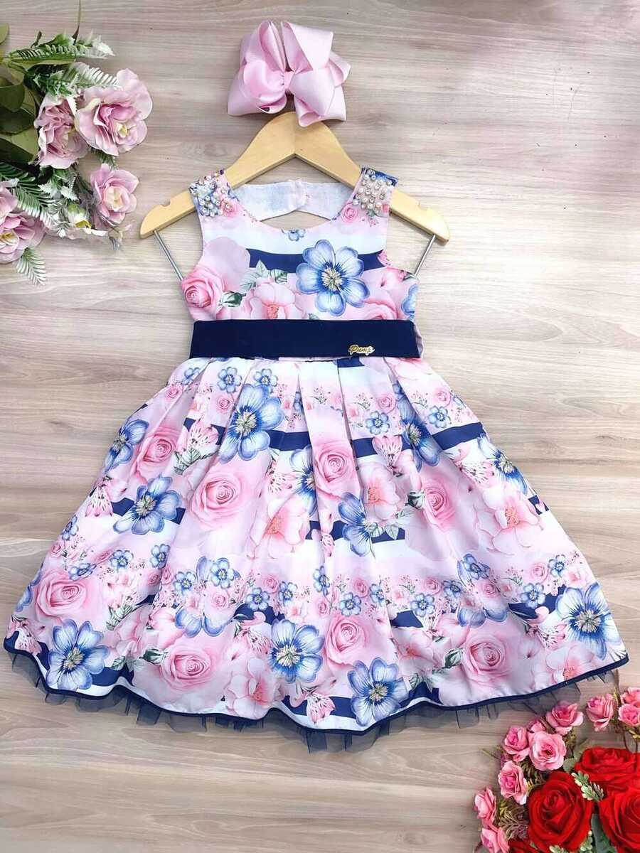 Vestido Infantil Floral Rosa e Azul Marinho Pérolas Strass