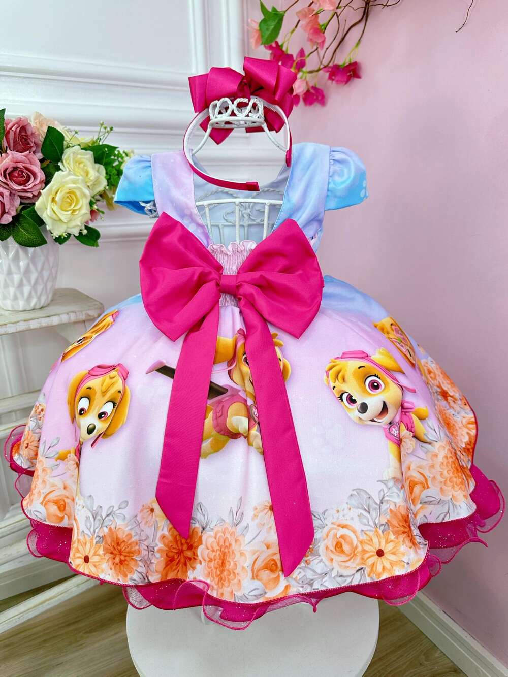 Vestido Infantil Patrulha Canina C/ Cinto de Pérolas Strass