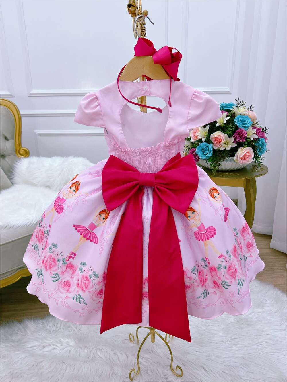 Vestido Infantil Rosa Saia Floral Bailarina