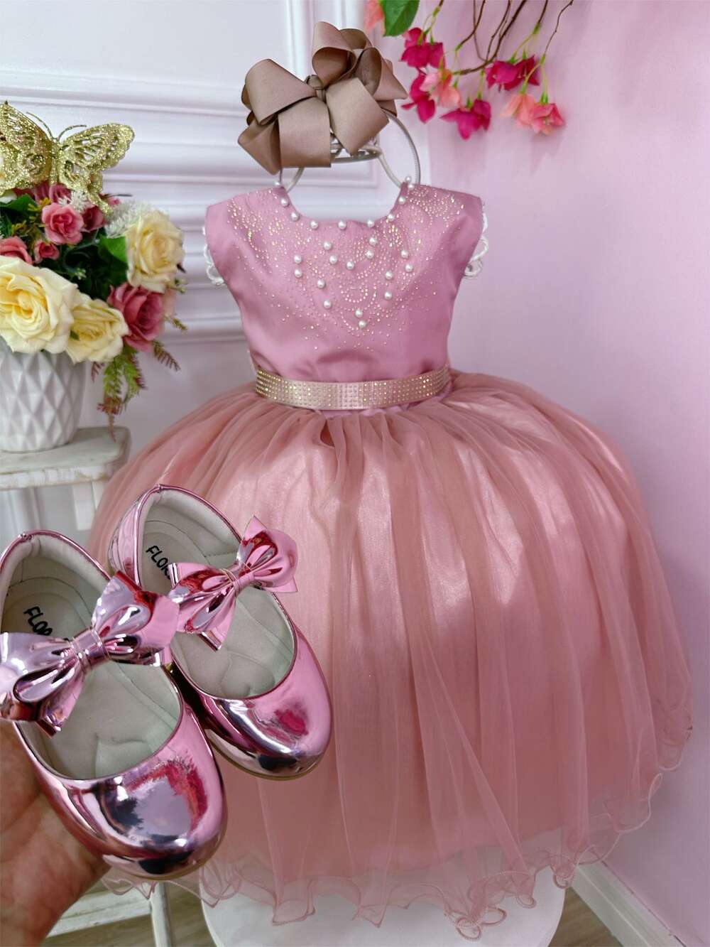 Vestido Infantil Rose C/ Strass Pérolas Damas Luxo