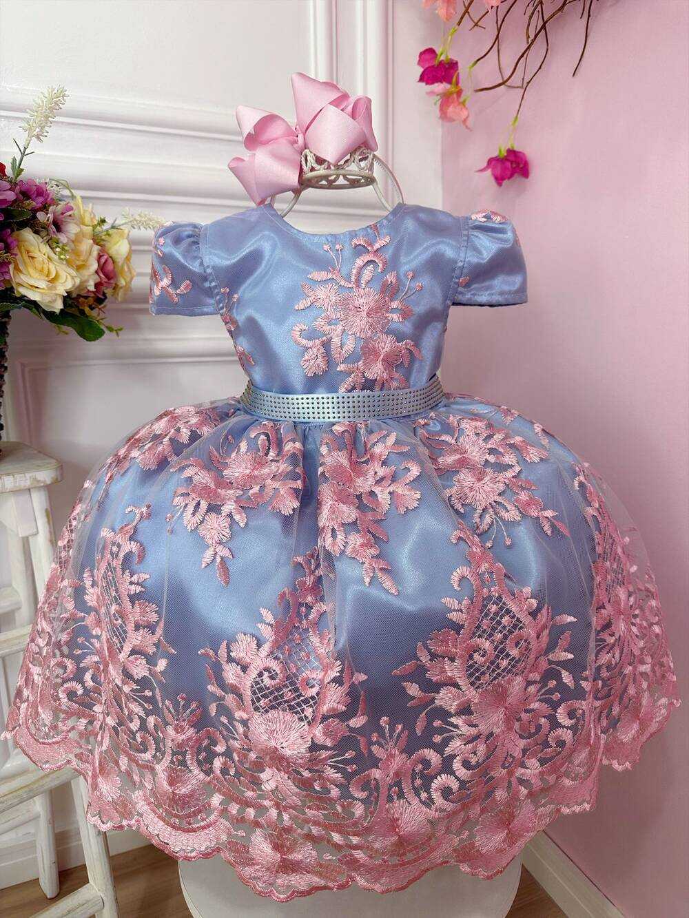 Vestido Infantil Azul Bordado e Renda Realeza Rosa C/ Strass