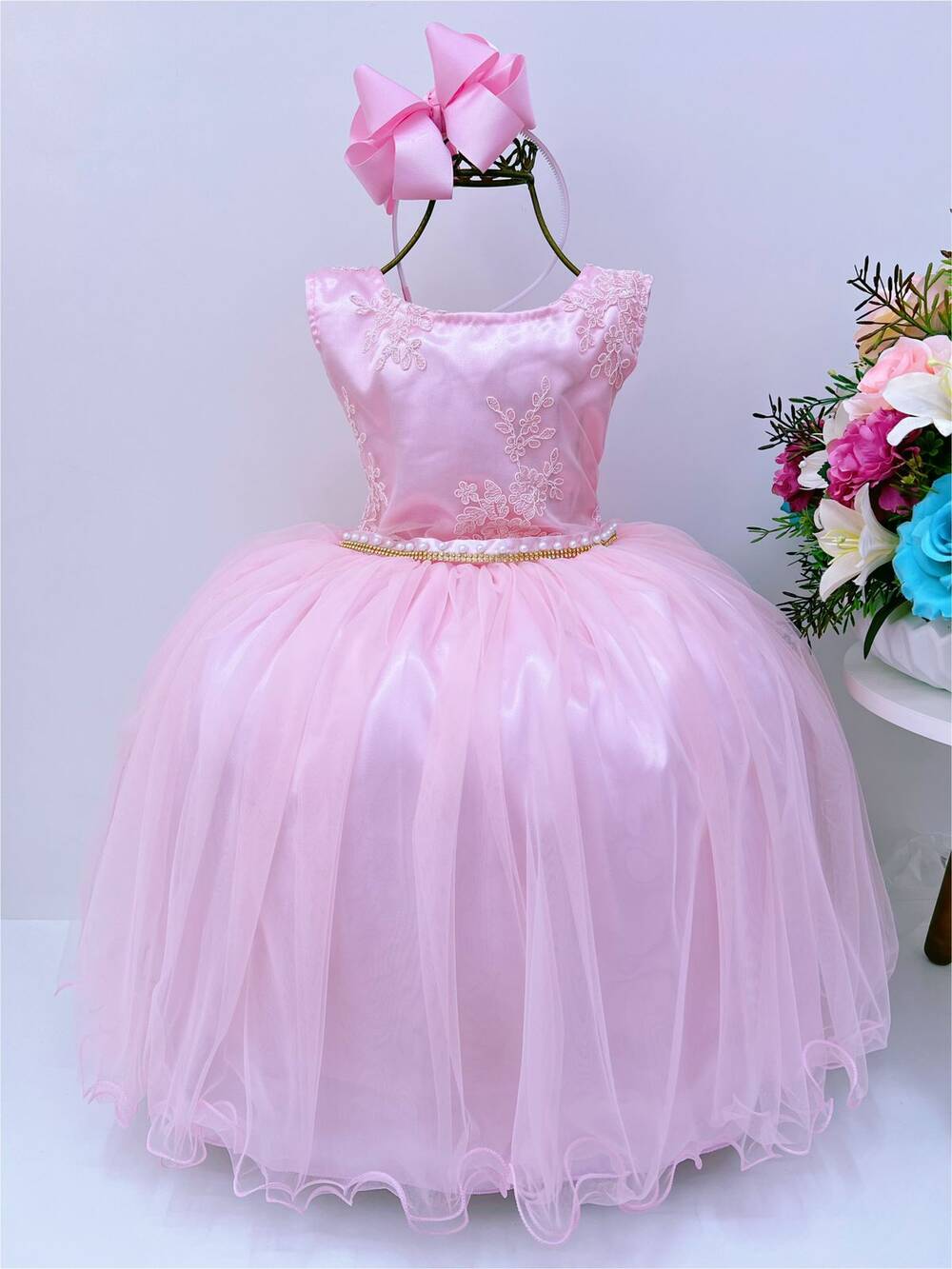 Vestido Infantil Rosa Renda Cinto Com Pérolas e Strass