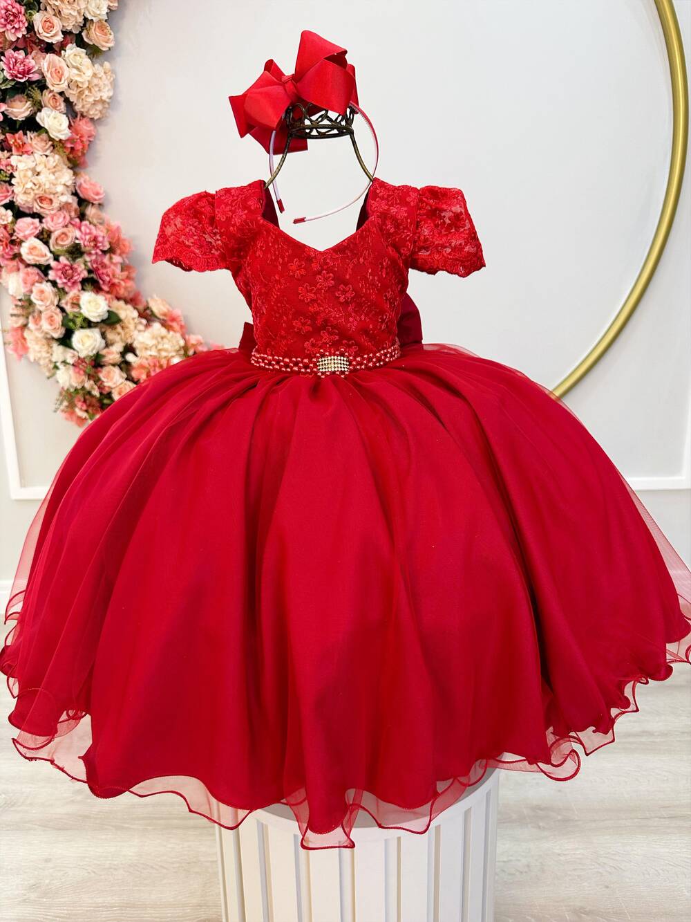 Vestido Infantil Vermelho C/ Renda e Cinto de Pérolas Damas