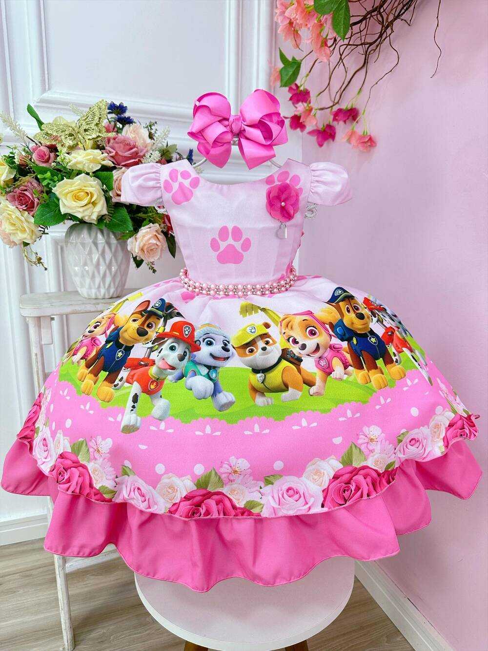 Vestido Infantil Patrulha Canina Rosa Barrado Chiclete