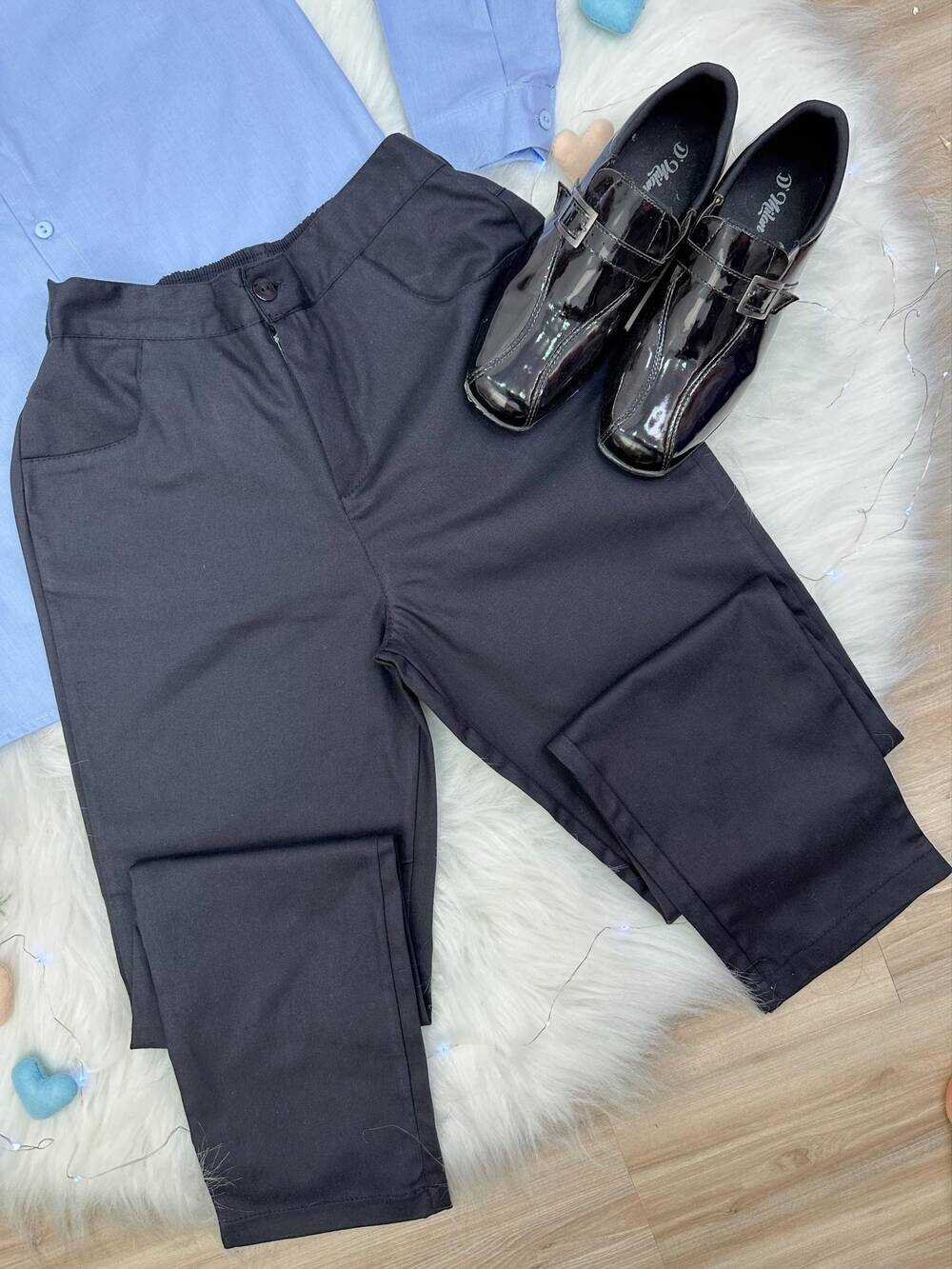 Conjunto Social Camisa Azul e Calça Preto em Algodão