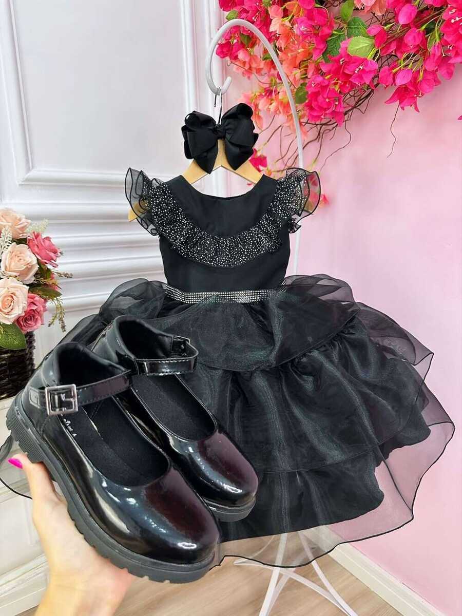 Vestido Infantil Wandinha Preto Com Cinto de Strass Luxo