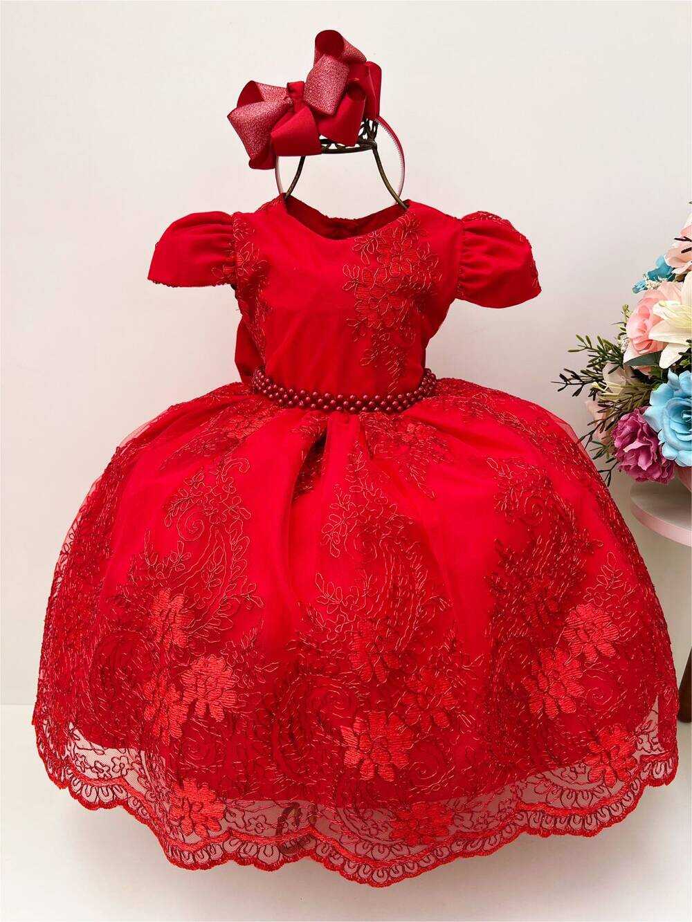 Vestido Infantil Vermelho Renda Realeza Luxo Cinto Pérolas