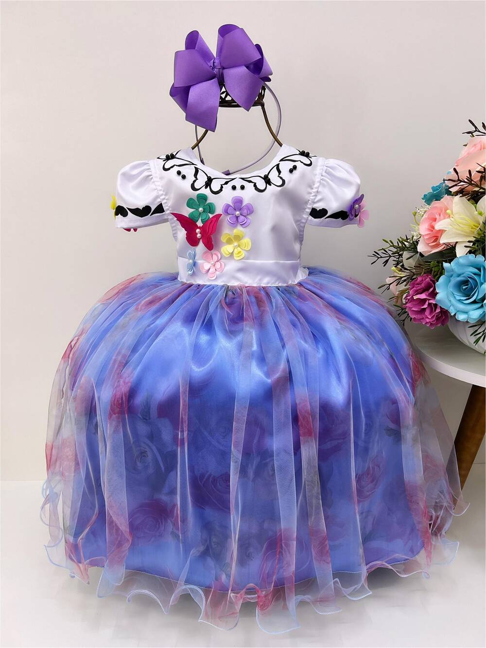 Vestido Infantil Encanto Aplique Flores Borboletas Floral Jardim Lilás