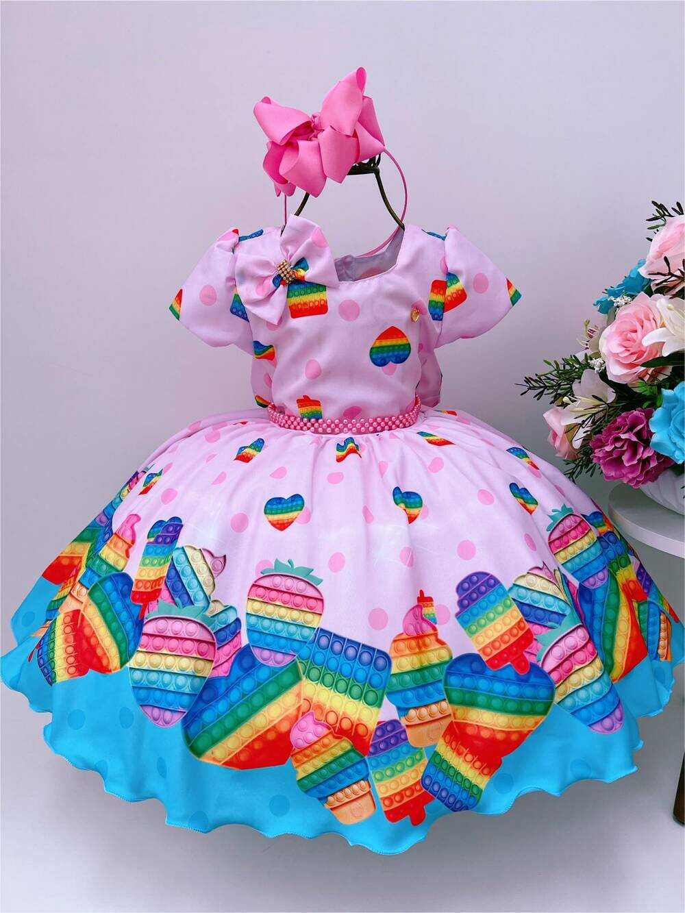 Vestido Infantil Rosa Estampado Pop It Com Laço