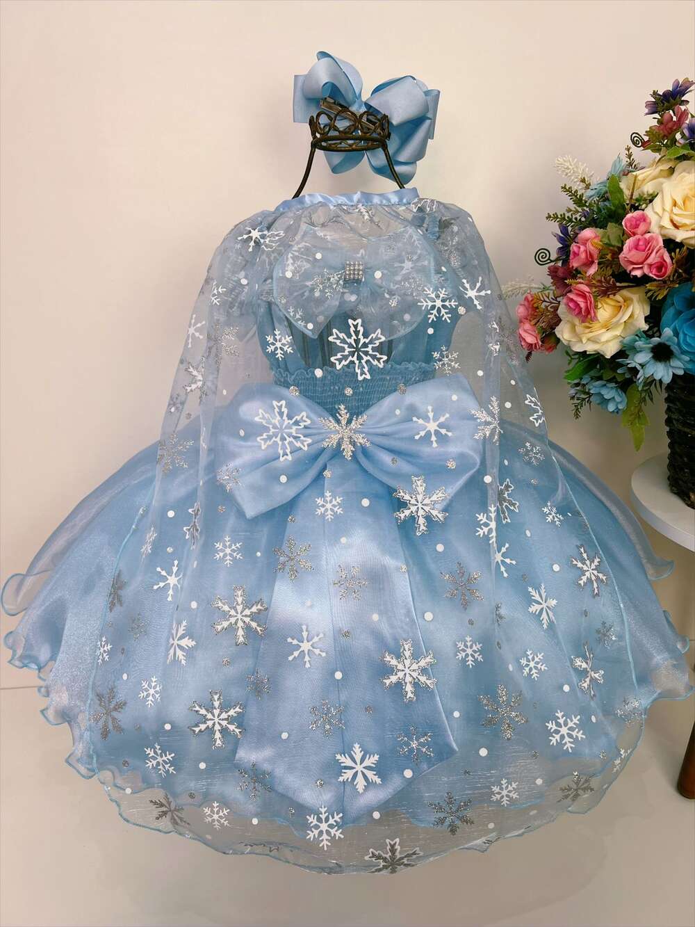 Vestido Infantil Frozen com Capa e Laço Festa Princesas Luxo