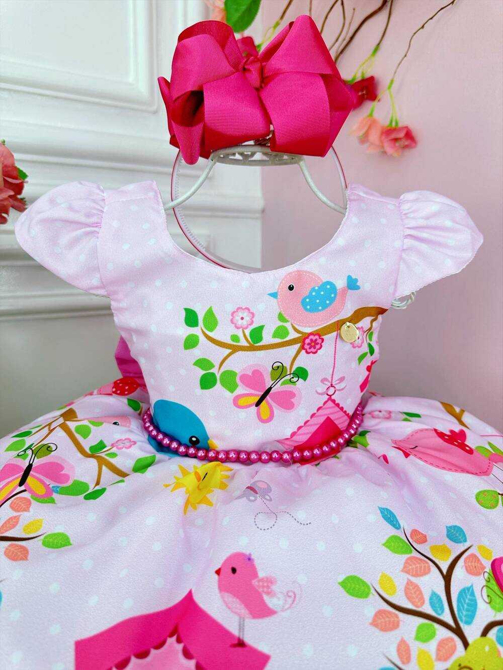 Vestido Infantil Cantinho dos Passarinhos Rosa C/ Pérolas