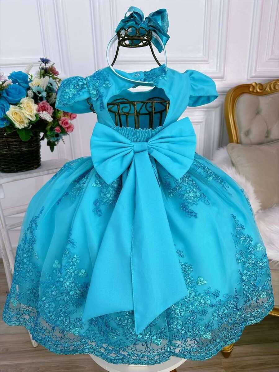 Vestido Infantil Azul Tiffany Renda Realeza Cinto de Pérolas