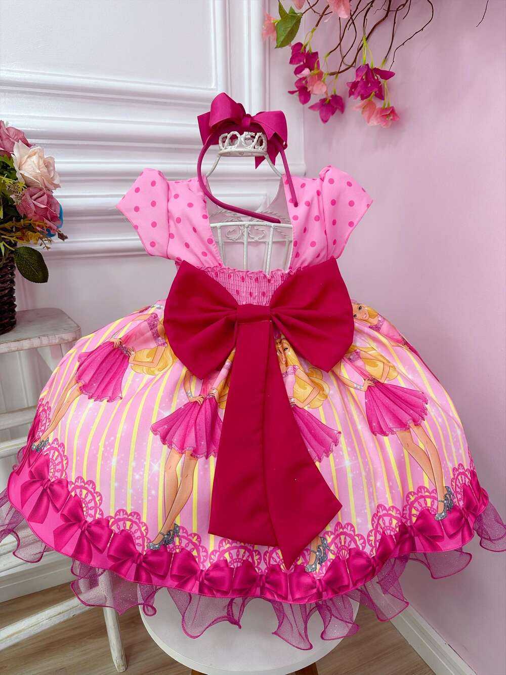 Vestido Infantil Barbie Rosa e Pink Peito C/ Strass Pérolas