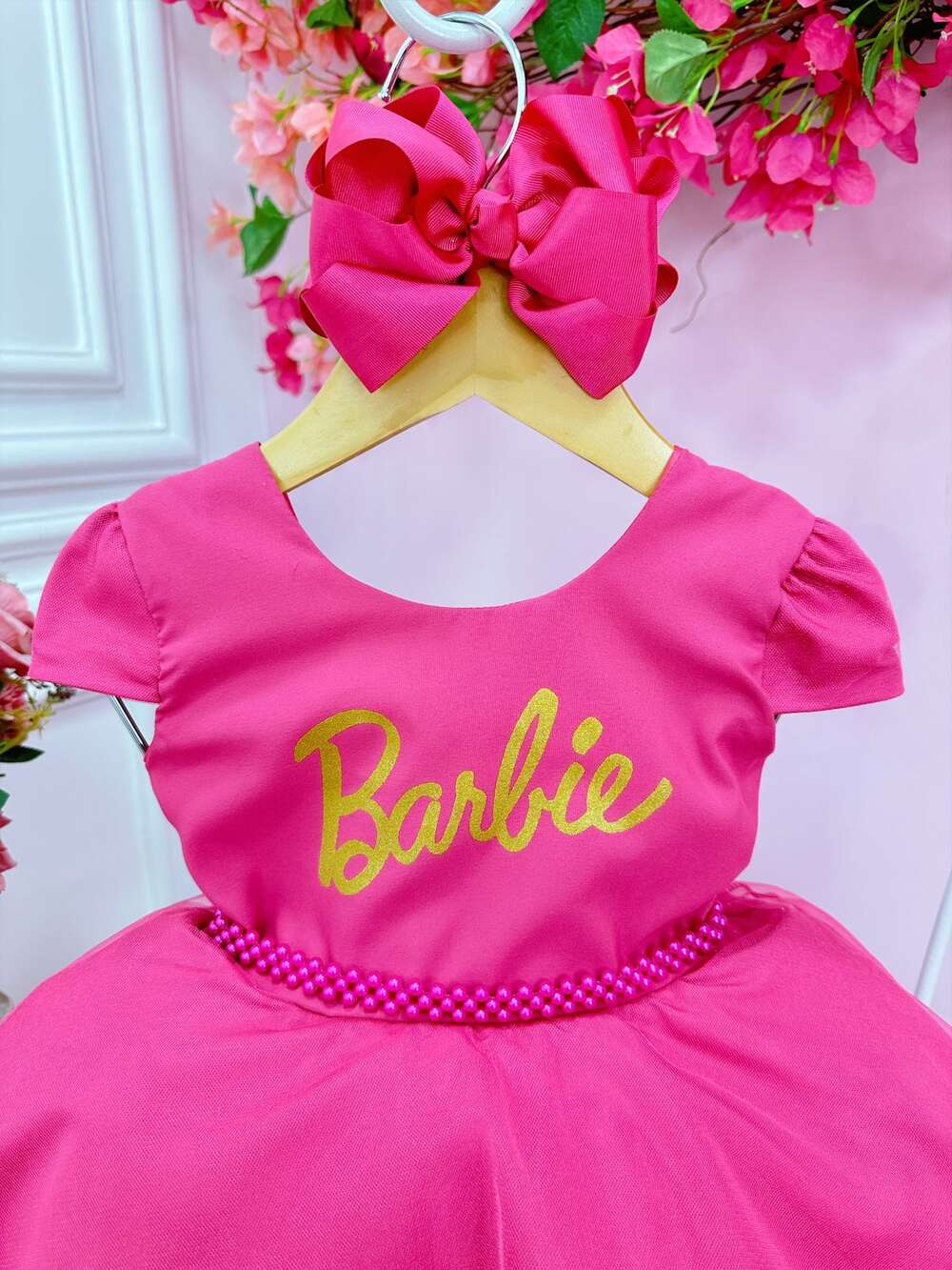 Vestido Infantil Barbie Luxo Pink Com Cinto de Pérolas