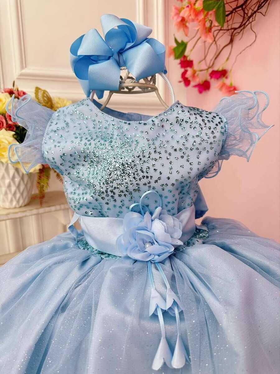 Vestido Infantil Azul Com Glitter e Broche de Flor Luxo