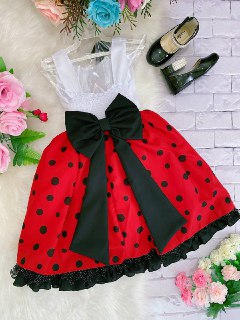 Vestido Infantil Lady Bug Branco e Vermelho com Lacinho