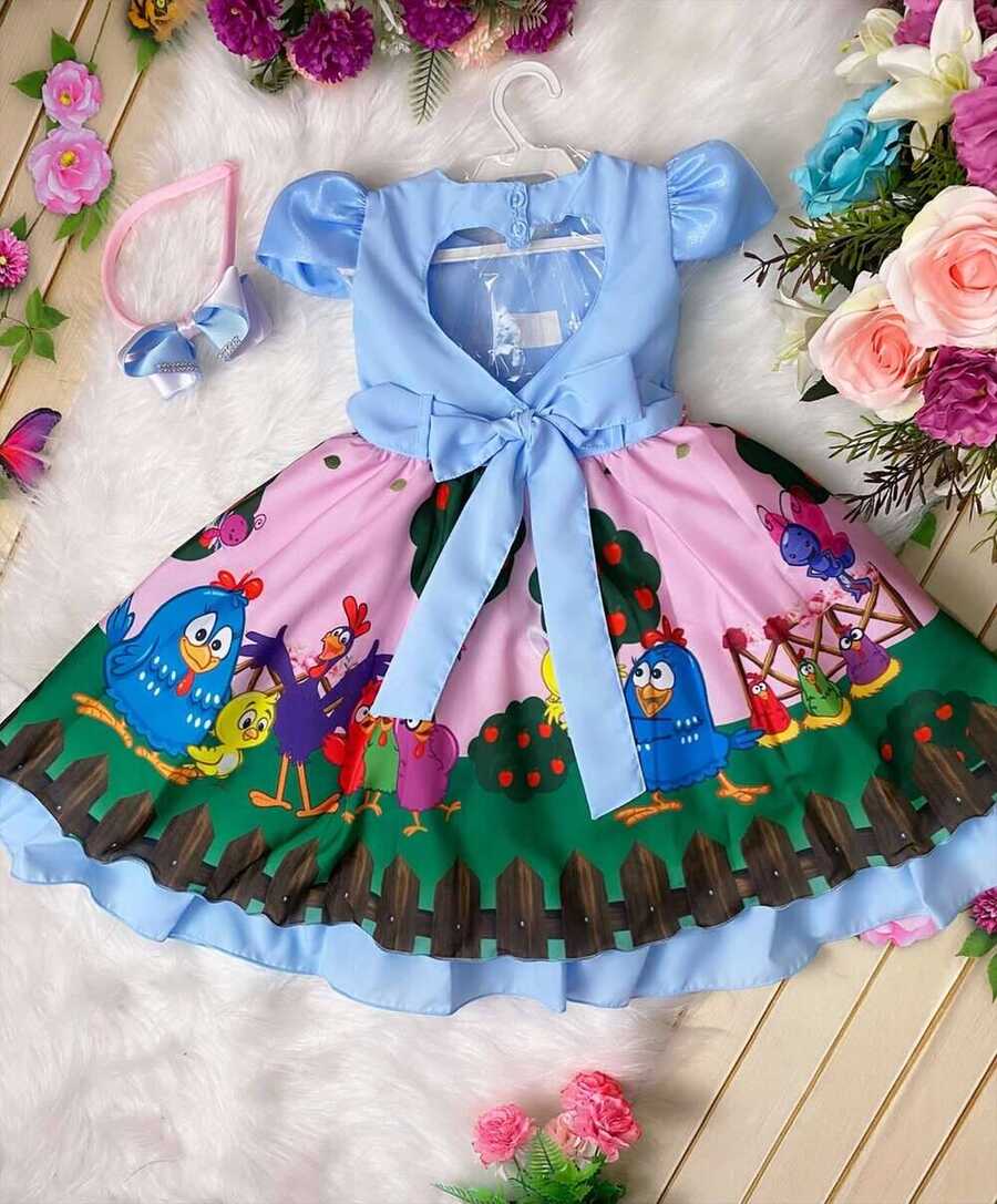 Vestido Infantil Galinha Pintadinha Azul Cinto Pérolas C/ Tiara