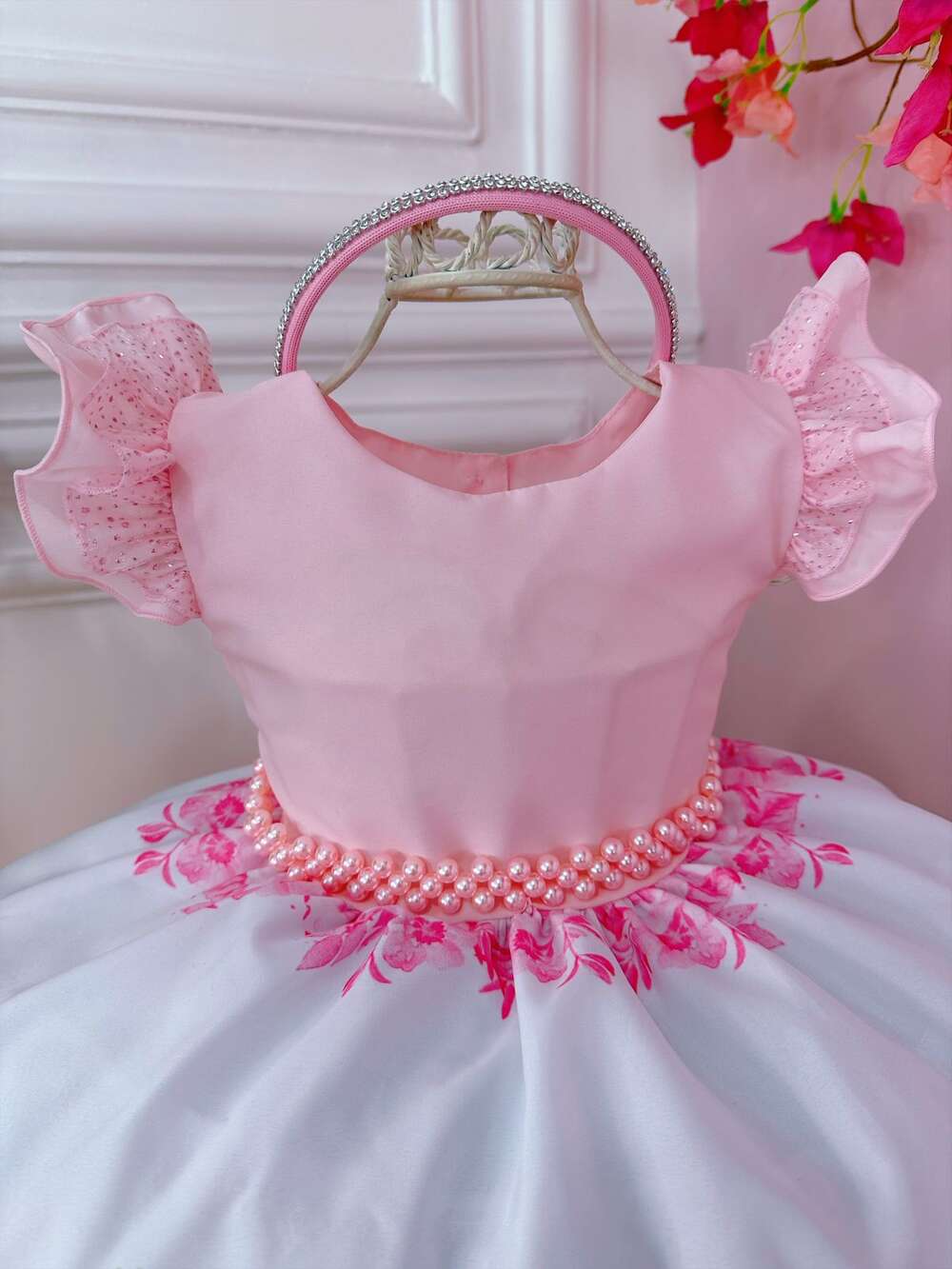 Vestido Infantil Princesas Rosa Aniversário Festa C/ Tiara