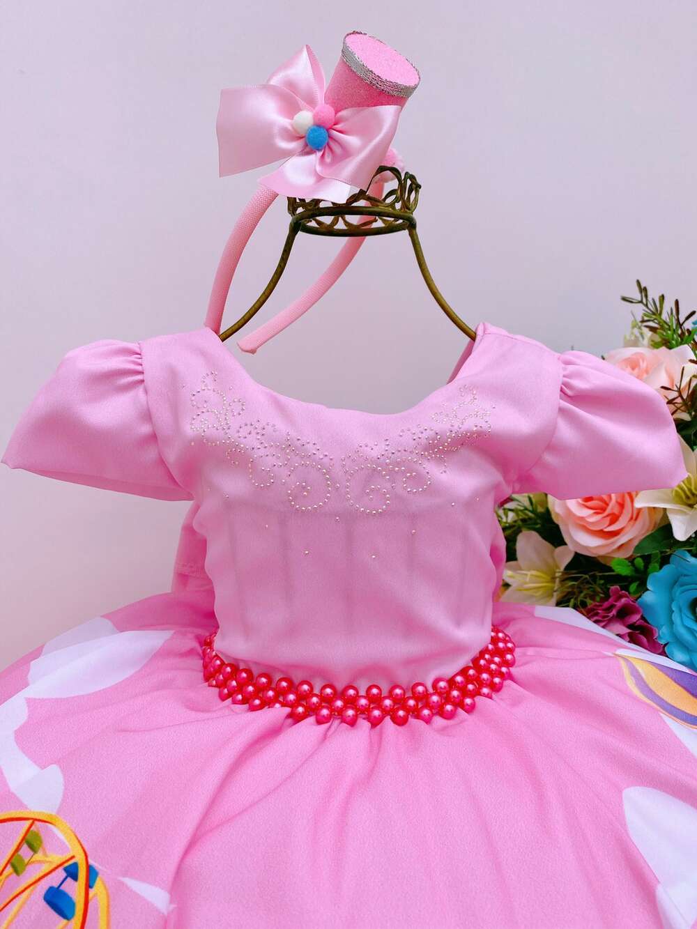 Vestido Infantil Rosa Circo C/ Cinto Pérolas