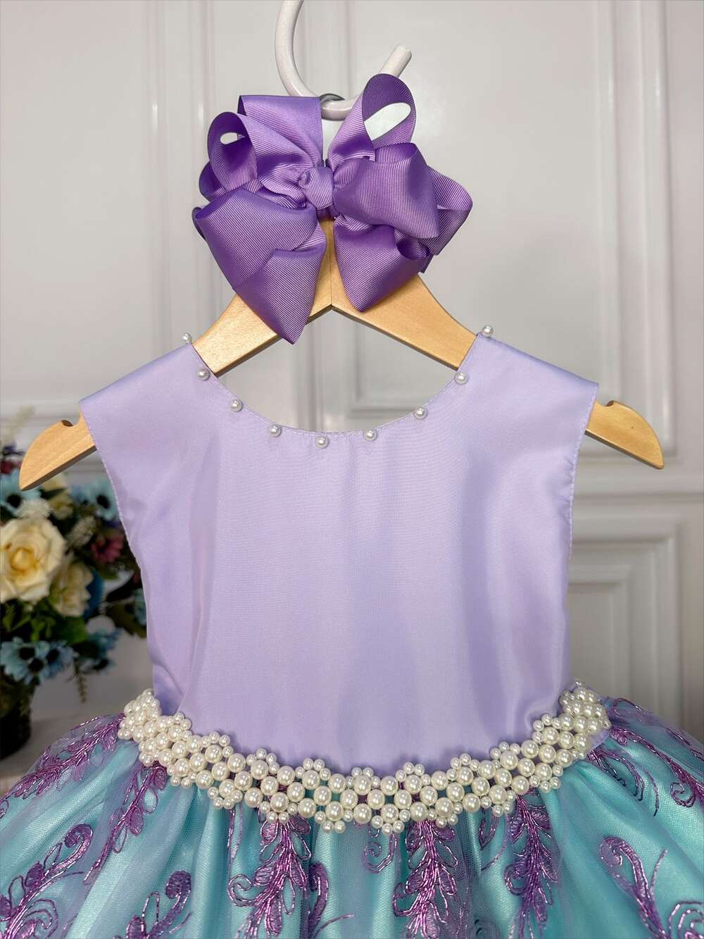 Vestido Infantil Ariel Princesa C/ Renda e Cinto de Pérolas