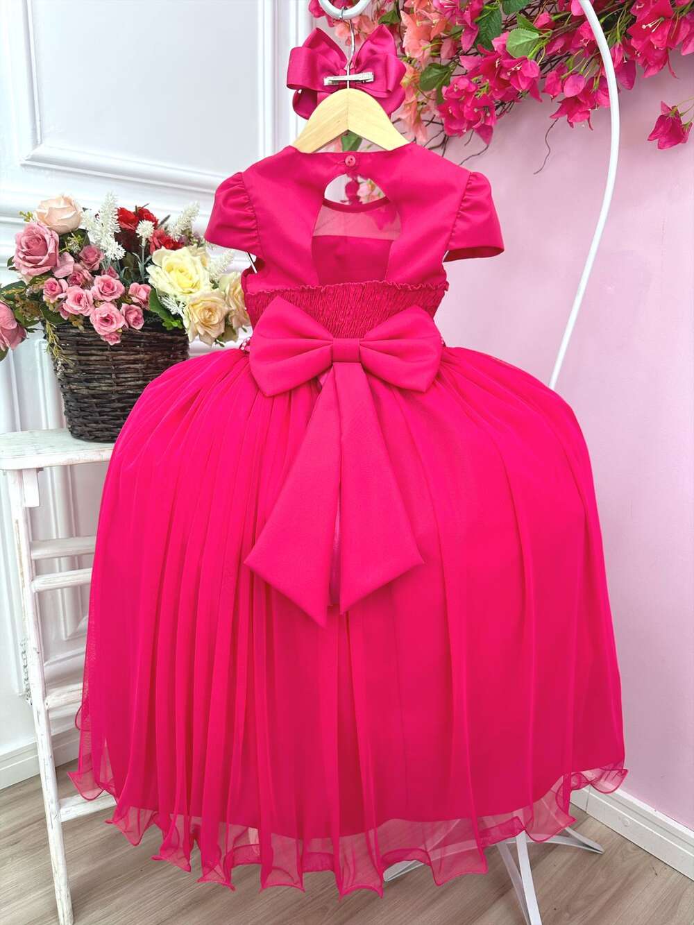 Vestido Infantil Pink Com Busto Nervura e Pérolas Damas
