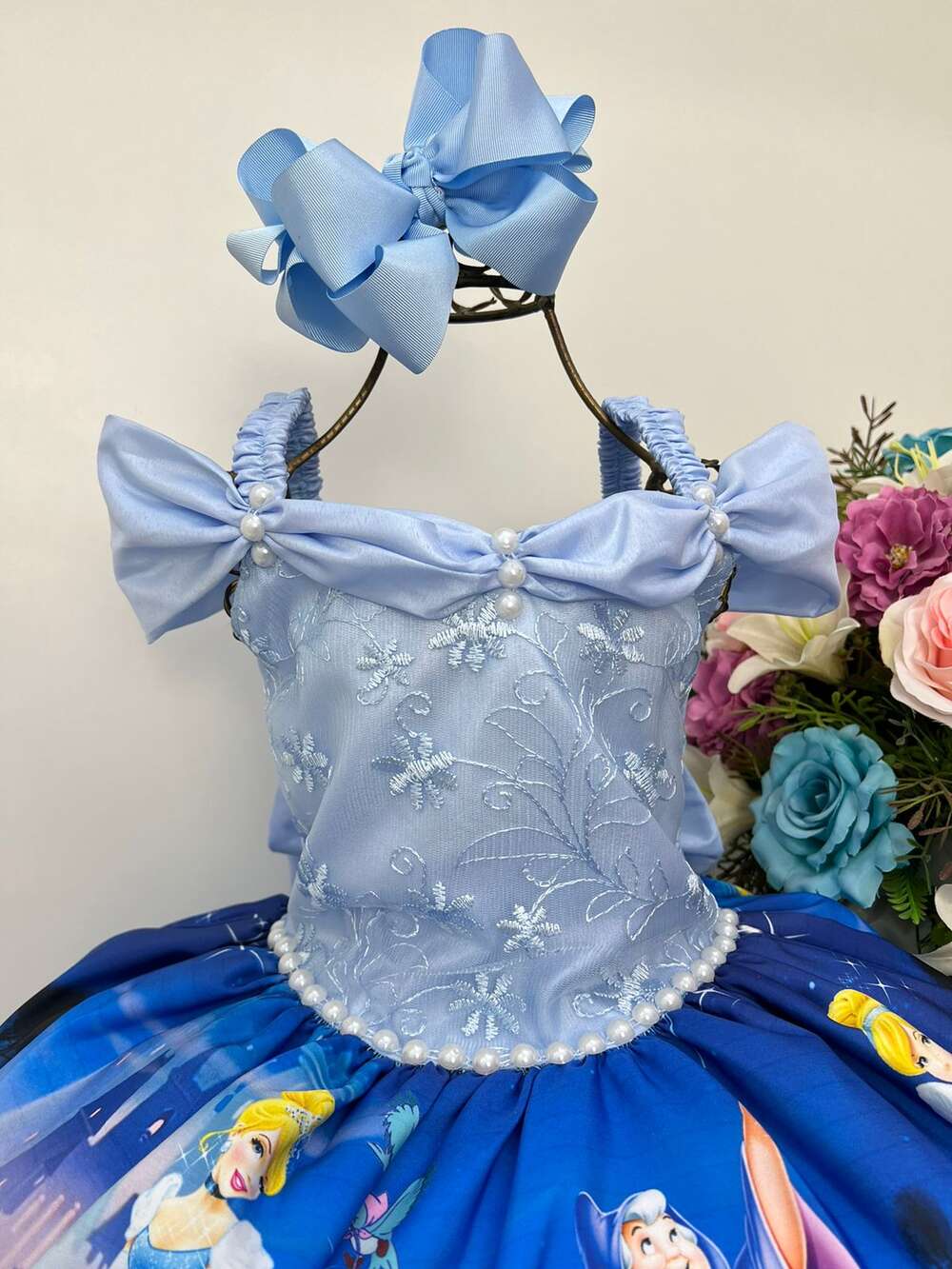 Vestido Infantil Princesa Cinderela Azul C/ Renda Luxo Festa