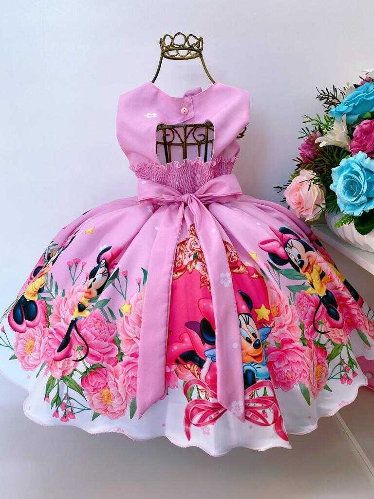 Vestido Infantil Minnie Rosa Floral Luxo Com Laço