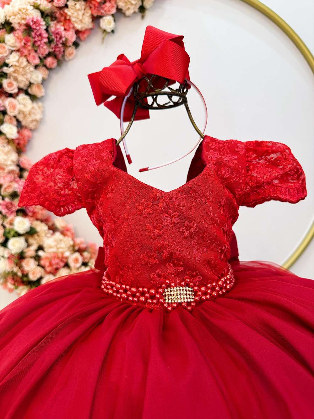 Vestido Infantil Vermelho C/ Renda e Cinto de Pérolas Damas