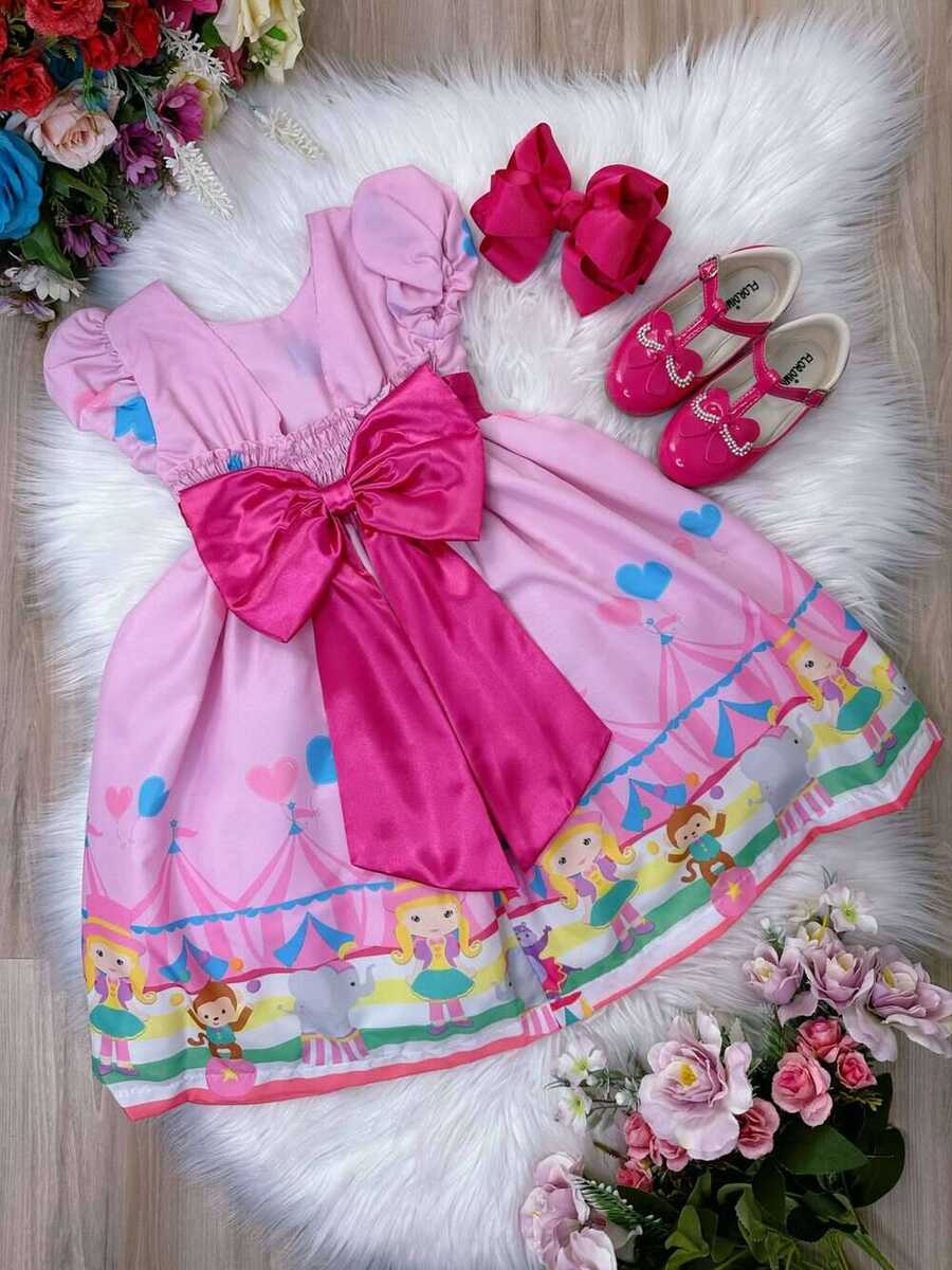 Vestido Infantil Rosa Circo Corações Laço Pink Super Luxo