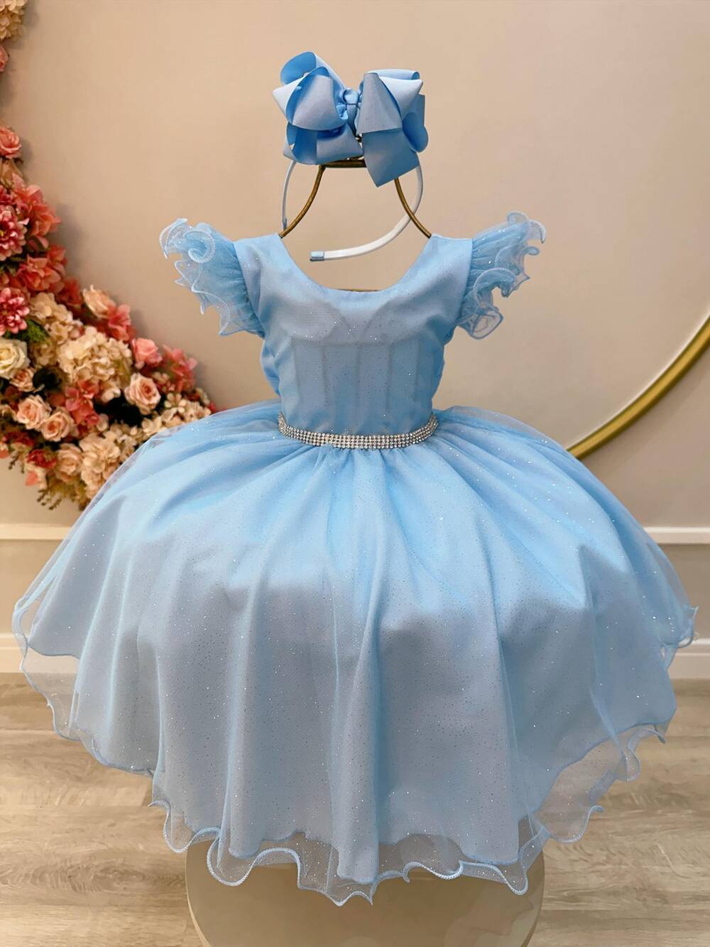 Vestido Infantil Azul Bebê Luxo C/ Cinto de Strass