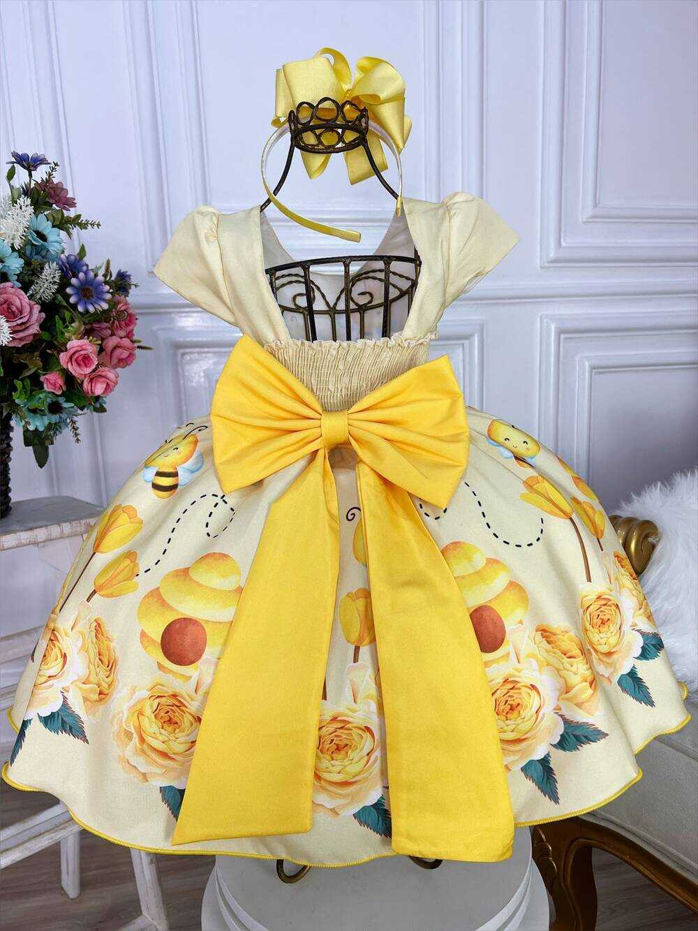 Vestido Infantil Amarelo Abelhinha Mel Florido