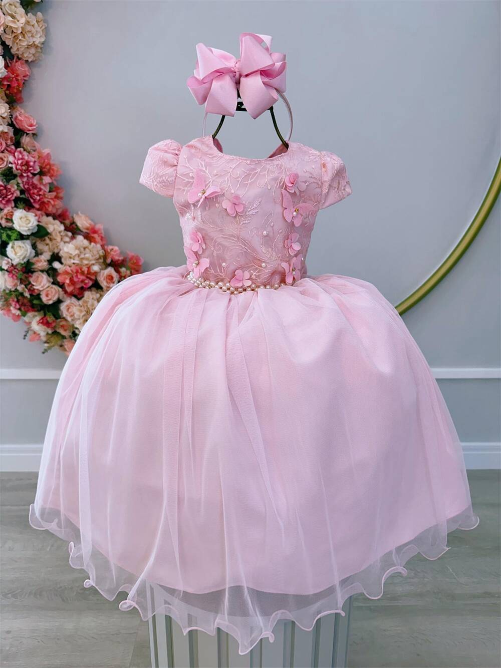 Vestido Infantil Rosa Damas C/ Renda e Aplique Borboletas