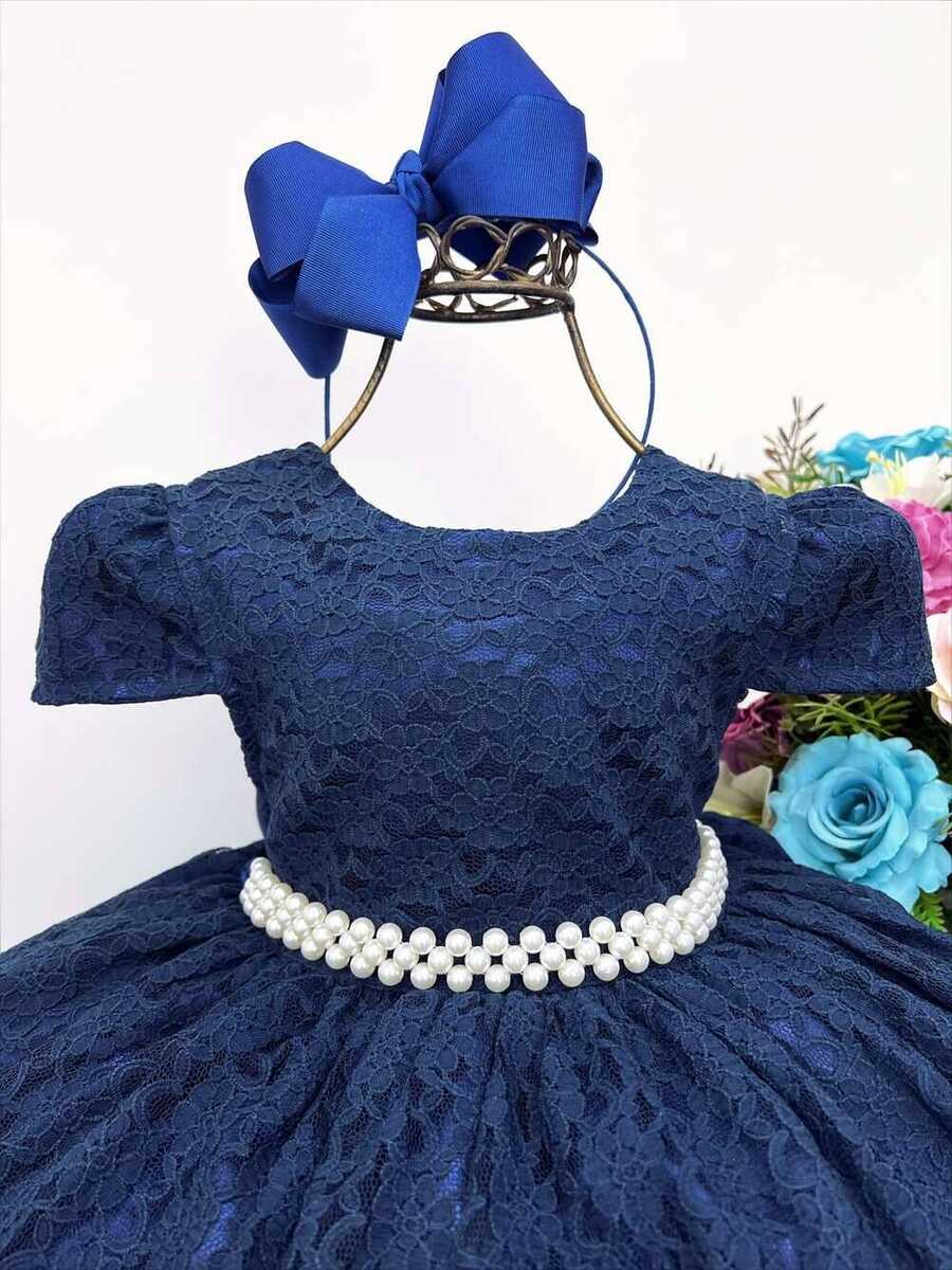 Vestido Infantil Realeza Azul Marinho Renda e Pérolas Festa