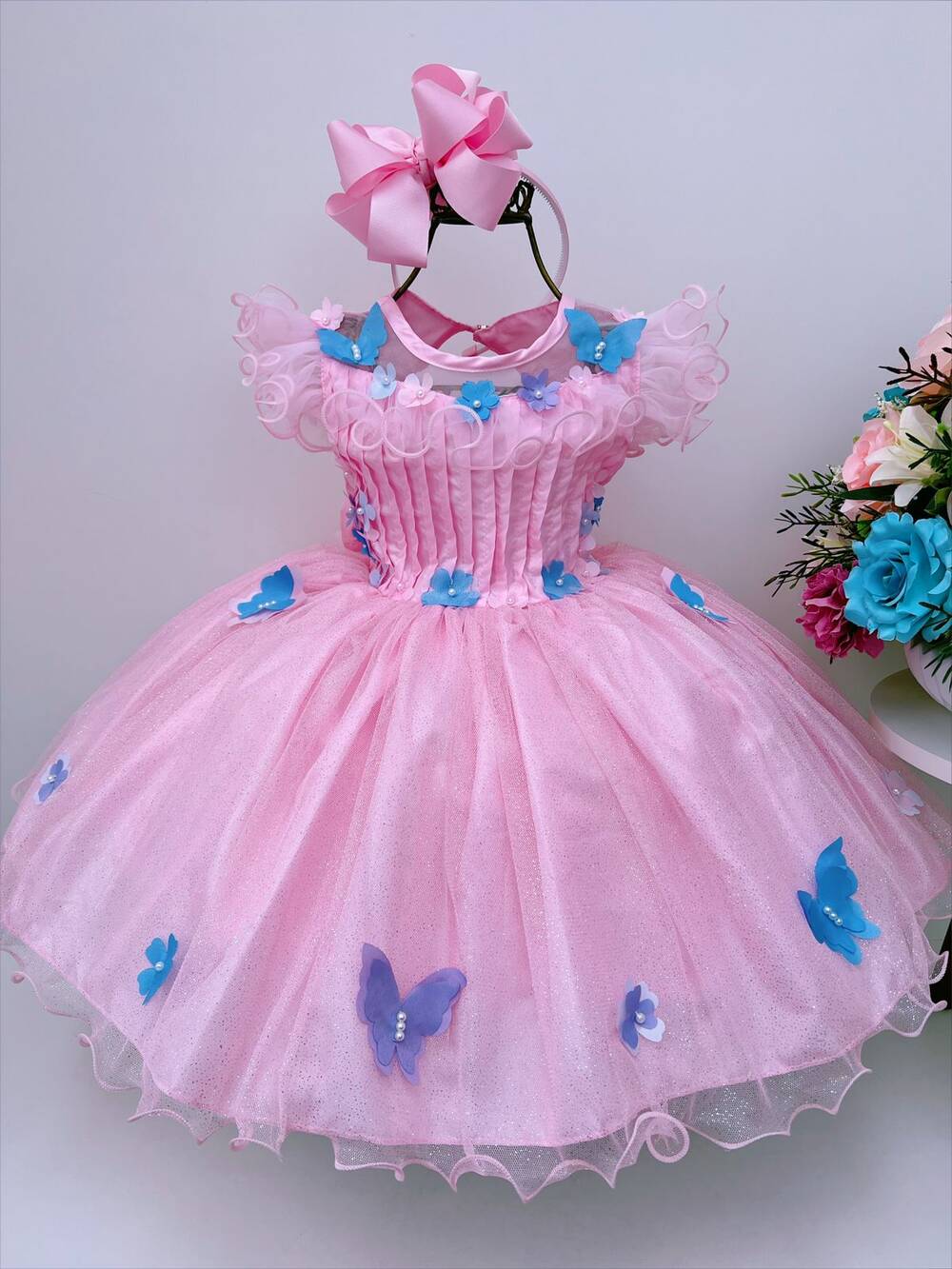 Vestido Infantil Rosa Aplique Borboletas Super Brilho Luxo