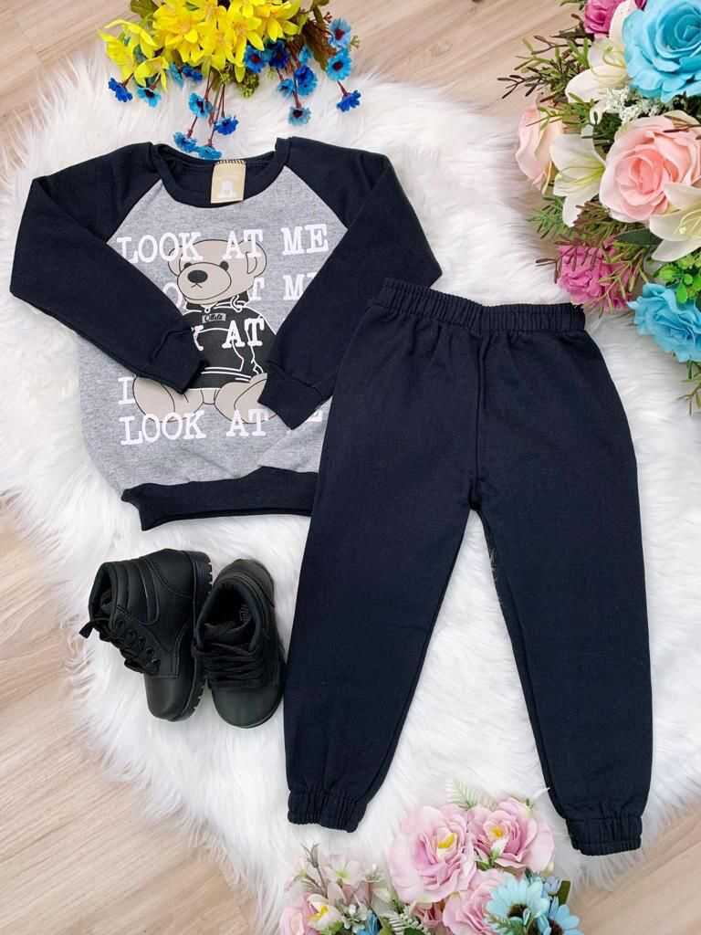 Conjunto Moleton Ursinho Preto e Cinza