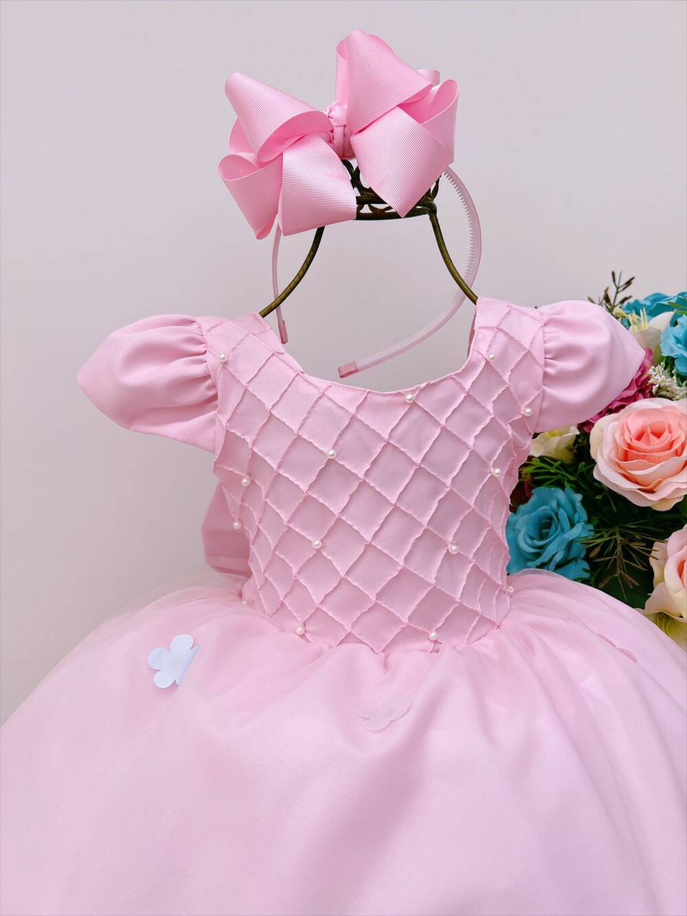 Vestido Infantil Rosa Peito Nervura Aplique Flor e Borboleta