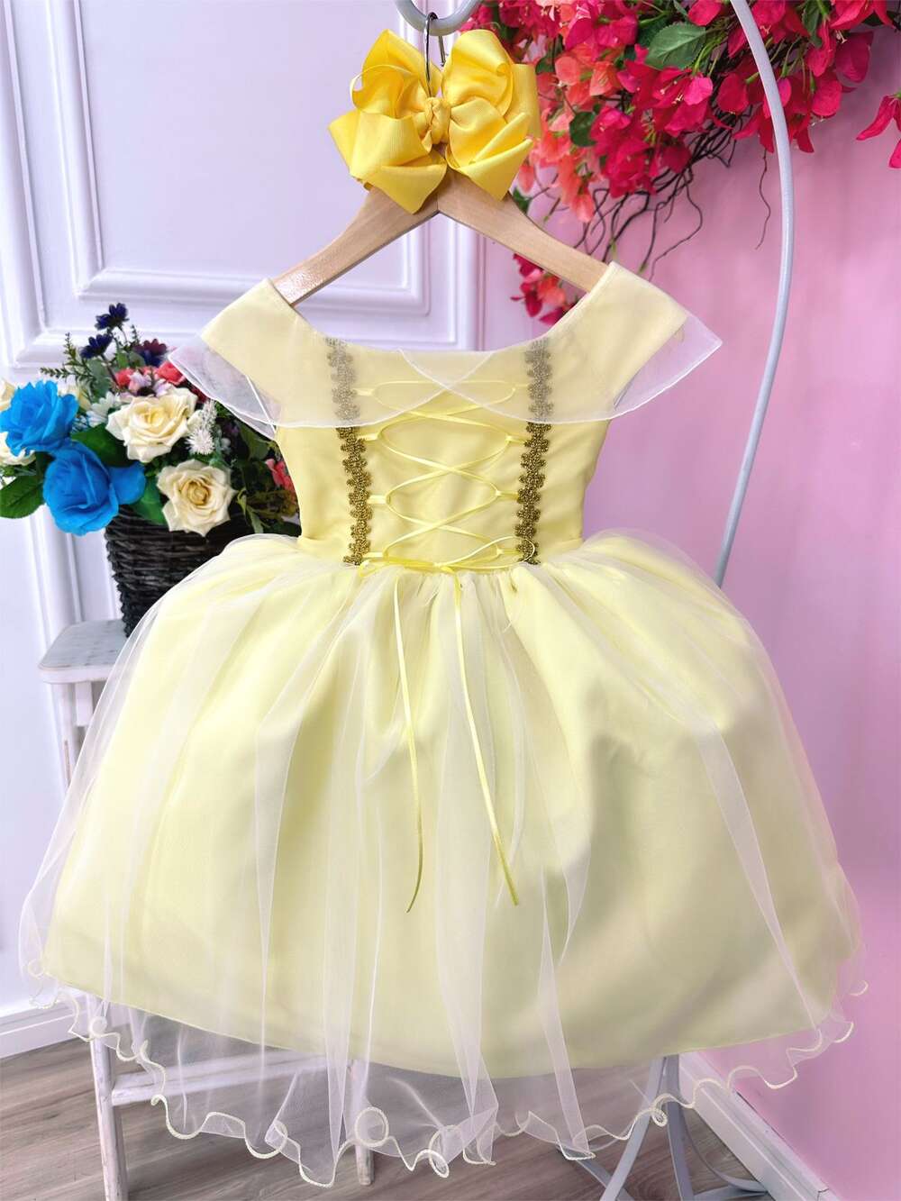 Vestido Infantil Princesa Bela e a Fera C/ Busto Trançado