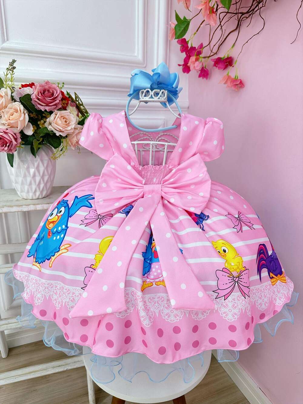 Vestido Infantil Galinha Pintadinha e Amigos Rosa Festas