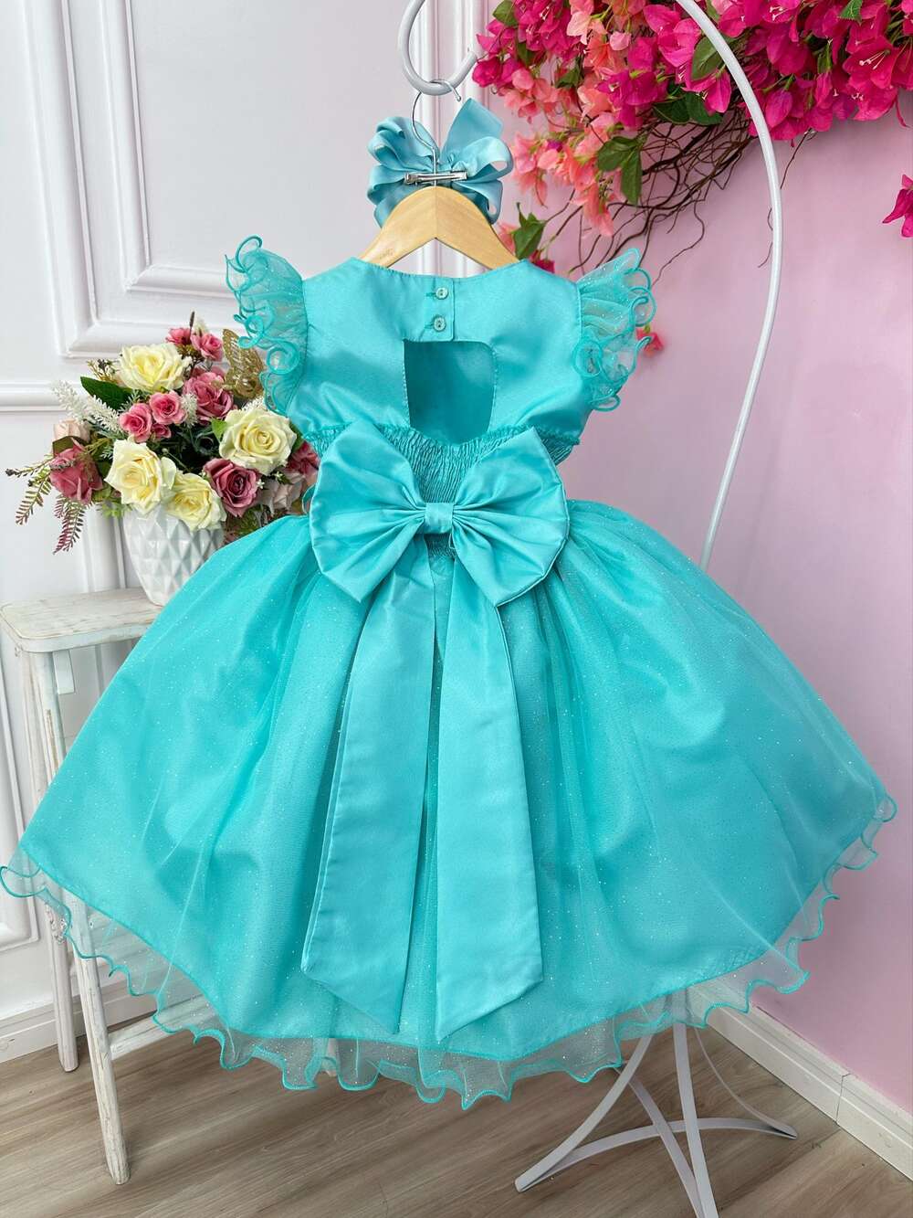 Vestido Infantil Verde Com Glitter e Broche de Flor Luxo